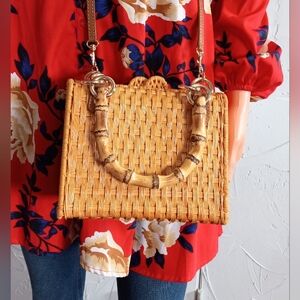 Serpui Paola Wicker Bag with Bamboo handles & strap. MSRP $398